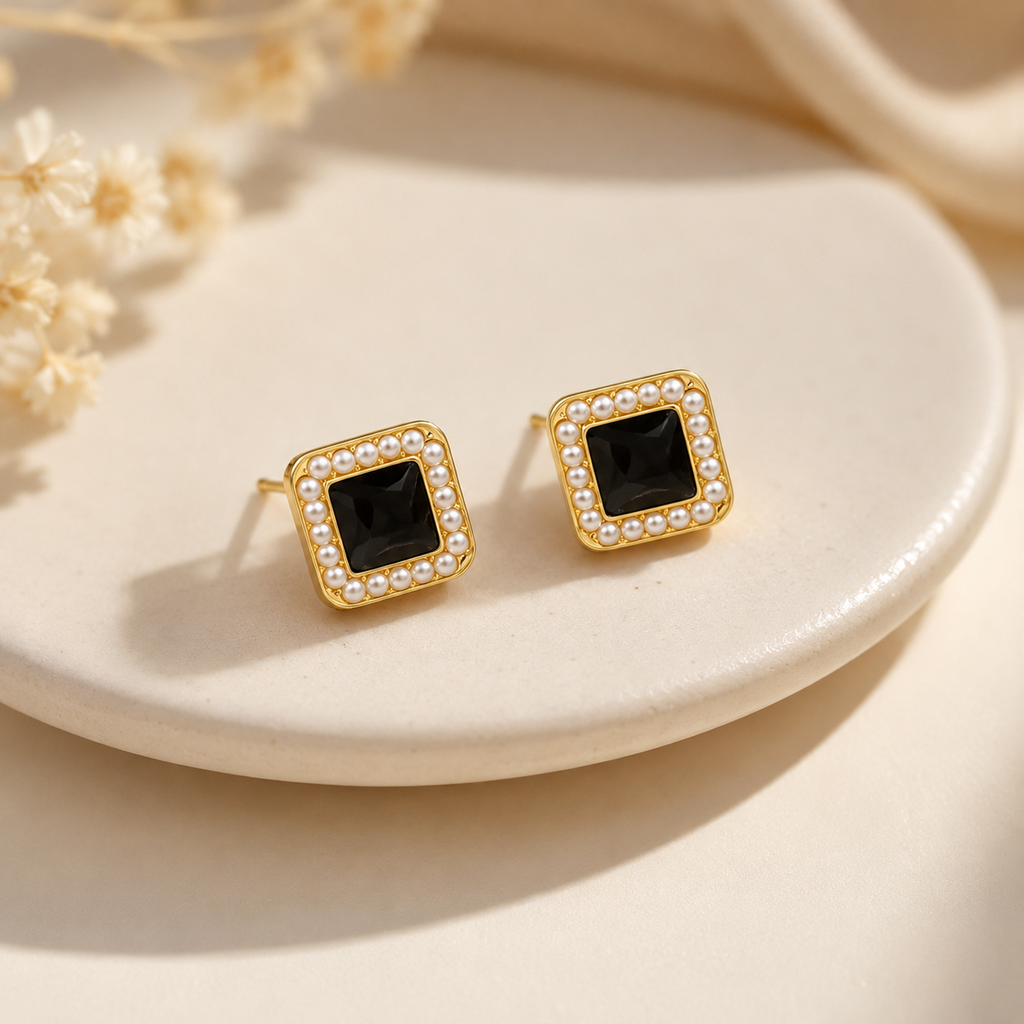 Black & Pearl Gold Stud Earrings