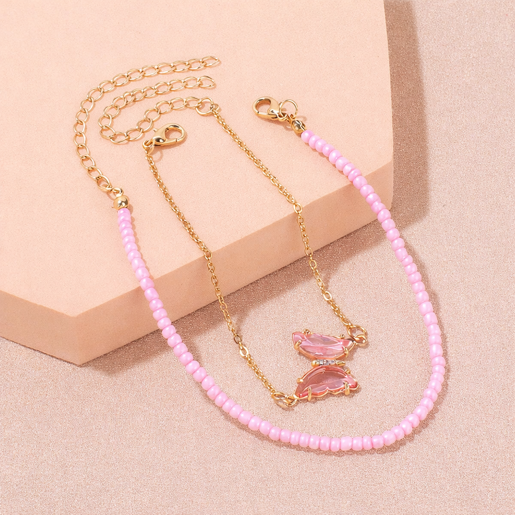 Double Layer Butterfly Beaded Anklet in Rose Gold