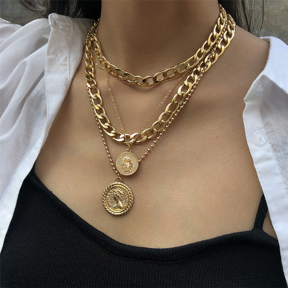 Hip-Hop Coin Pendant Multi-Layer Chain Necklace