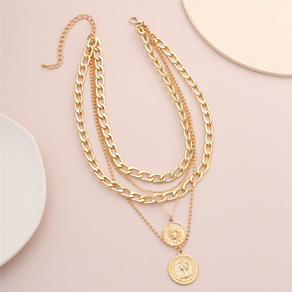 Hip-Hop Coin Pendant Multi-Layer Chain Necklace