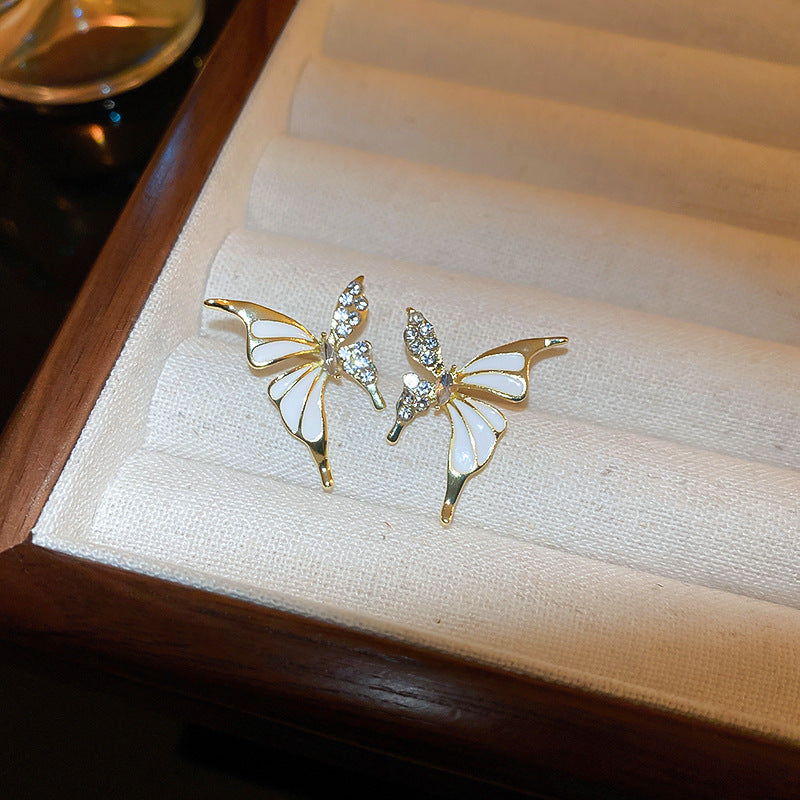 White Enamel French Retro Butterfly Stud Earrings