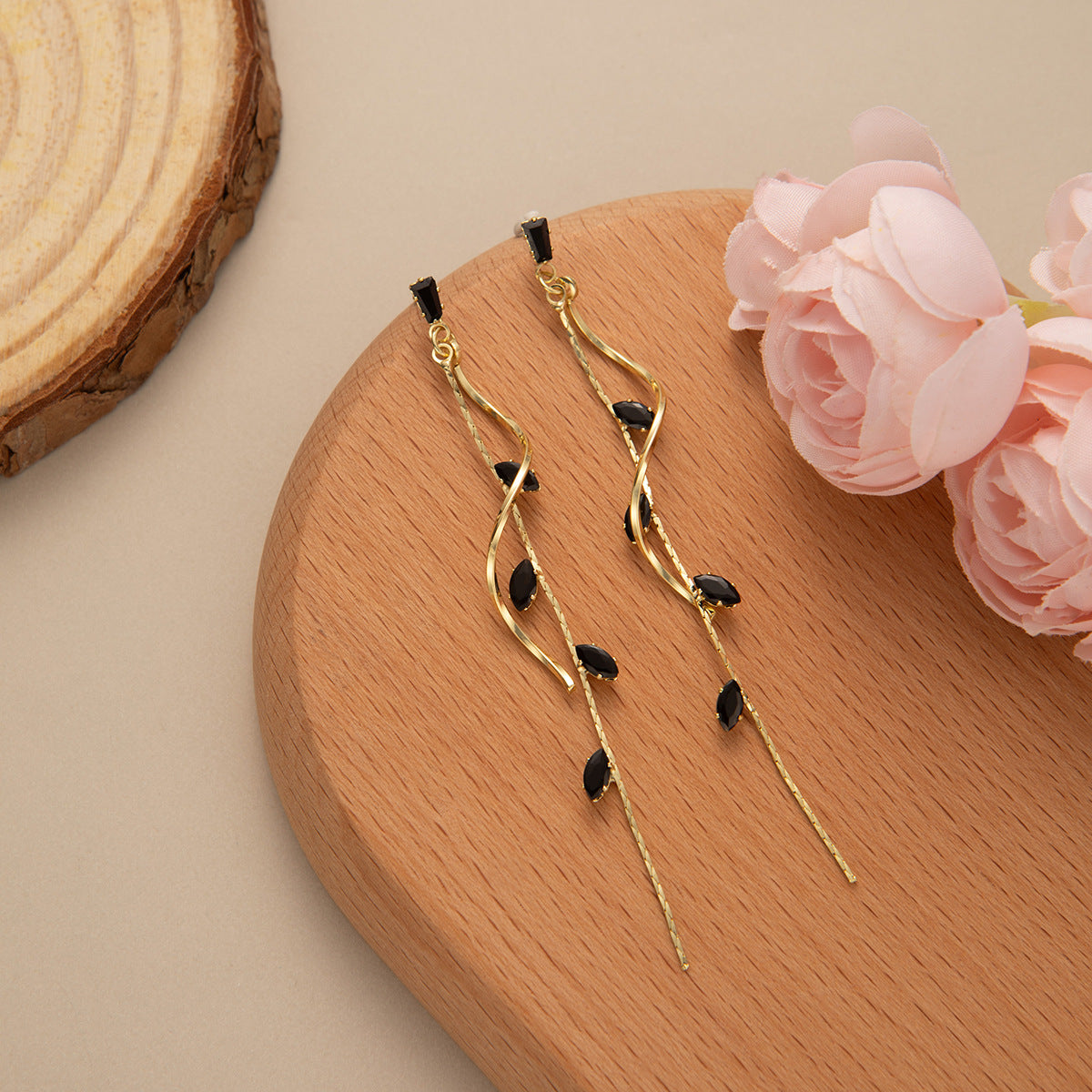 Rosé Leaf Vine Drop Earrings in Gold Plated Copper