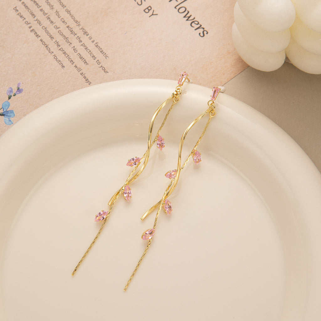 Rosé Leaf Vine Drop Earrings in Gold Plated Copper