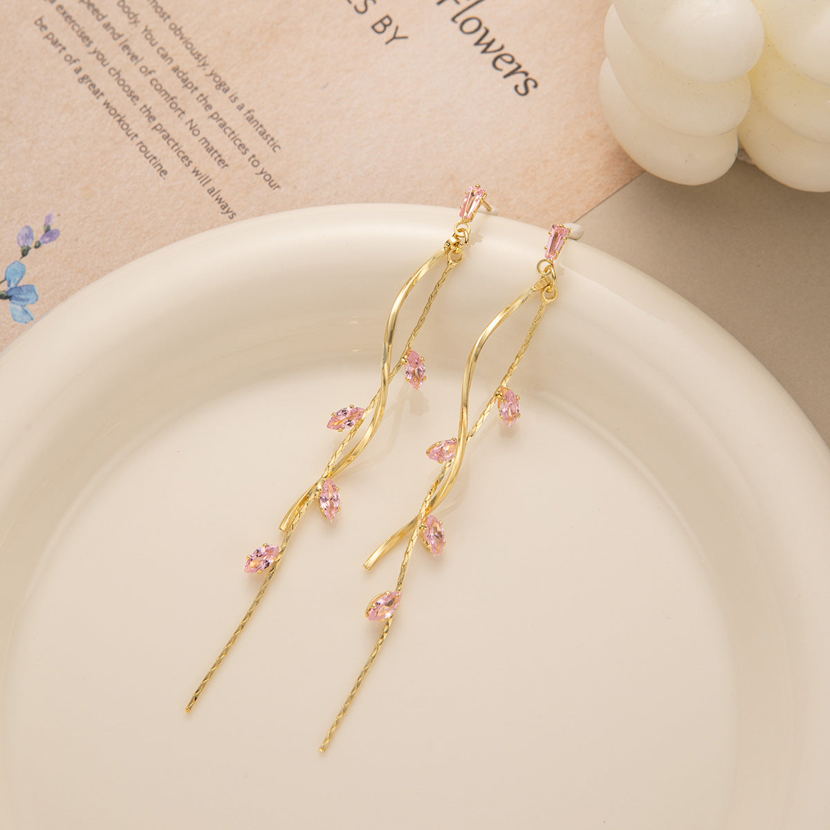 Rosé Leaf Vine Drop Earrings in Gold Plated Copper
