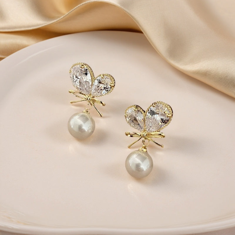 Bow Knot Pearl Drop Earrings with Rhinestone