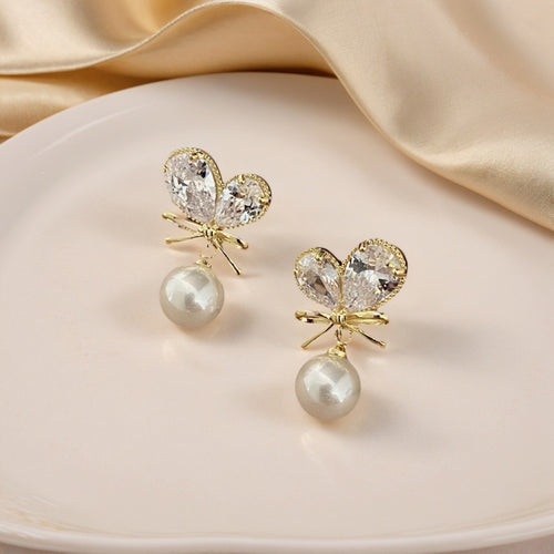 Bow Knot Pearl Drop Earrings with Rhinestone