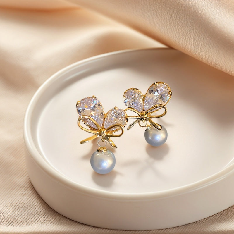 Bow Knot Pearl Drop Earrings with Rhinestone