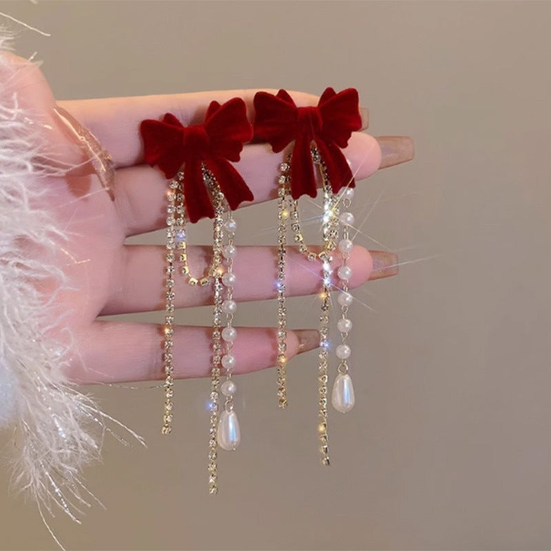 Ruby Bow Gold Tassel Earrings with Pearls and Rhinestones