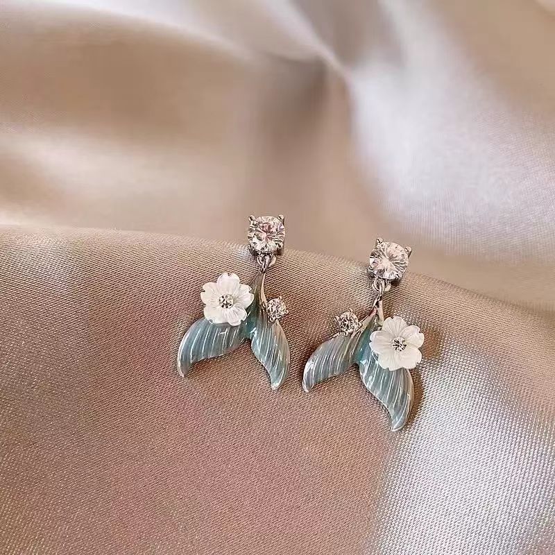Mermaid Bloom Fish Tail Zircon Drop Earrings