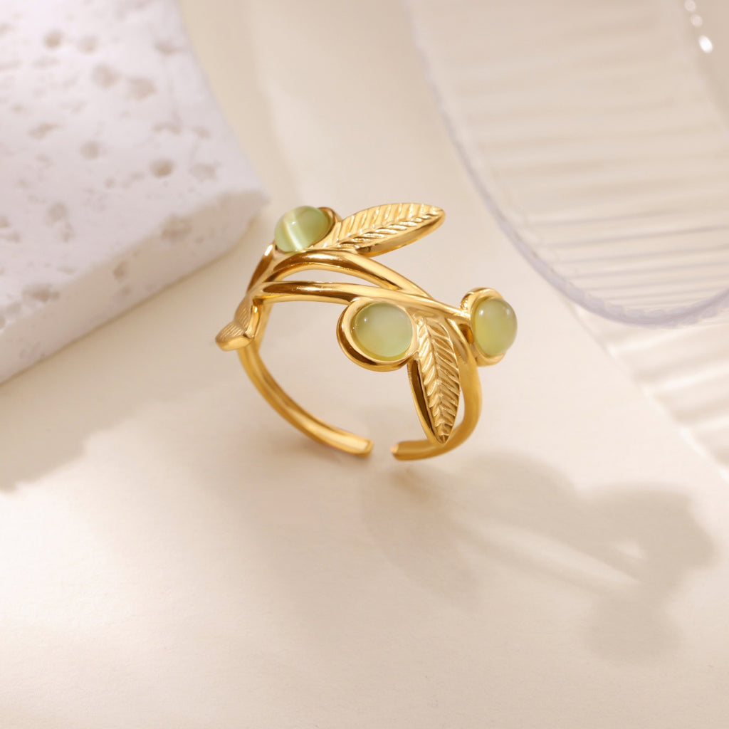 Golden Leaf Adjustable Ring with Green Stone Accents