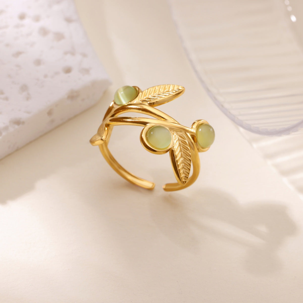 Golden Leaf Adjustable Ring with Green Stone Accents