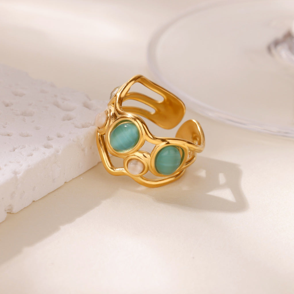 Asymmetric Gold Statement Ring with Turquoise & Opal Tones