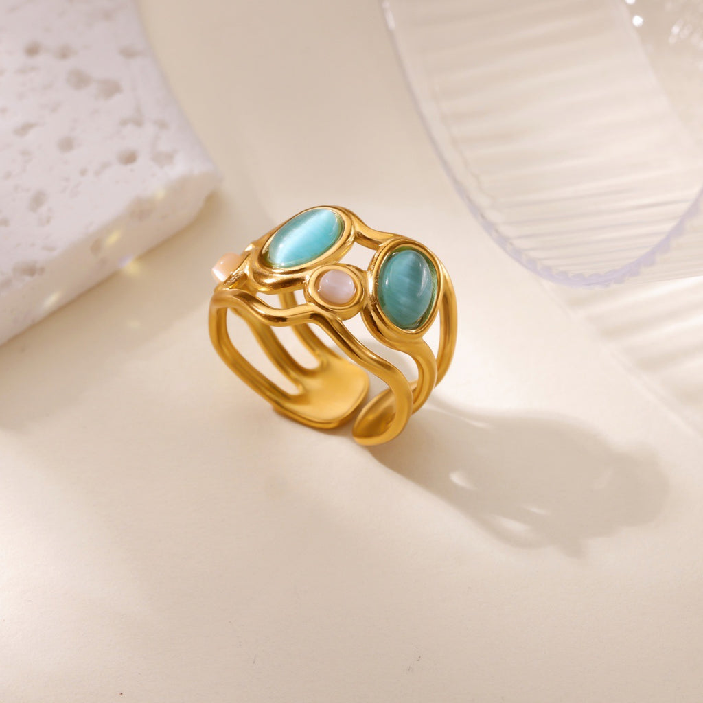 Asymmetric Gold Statement Ring with Turquoise & Opal Tones