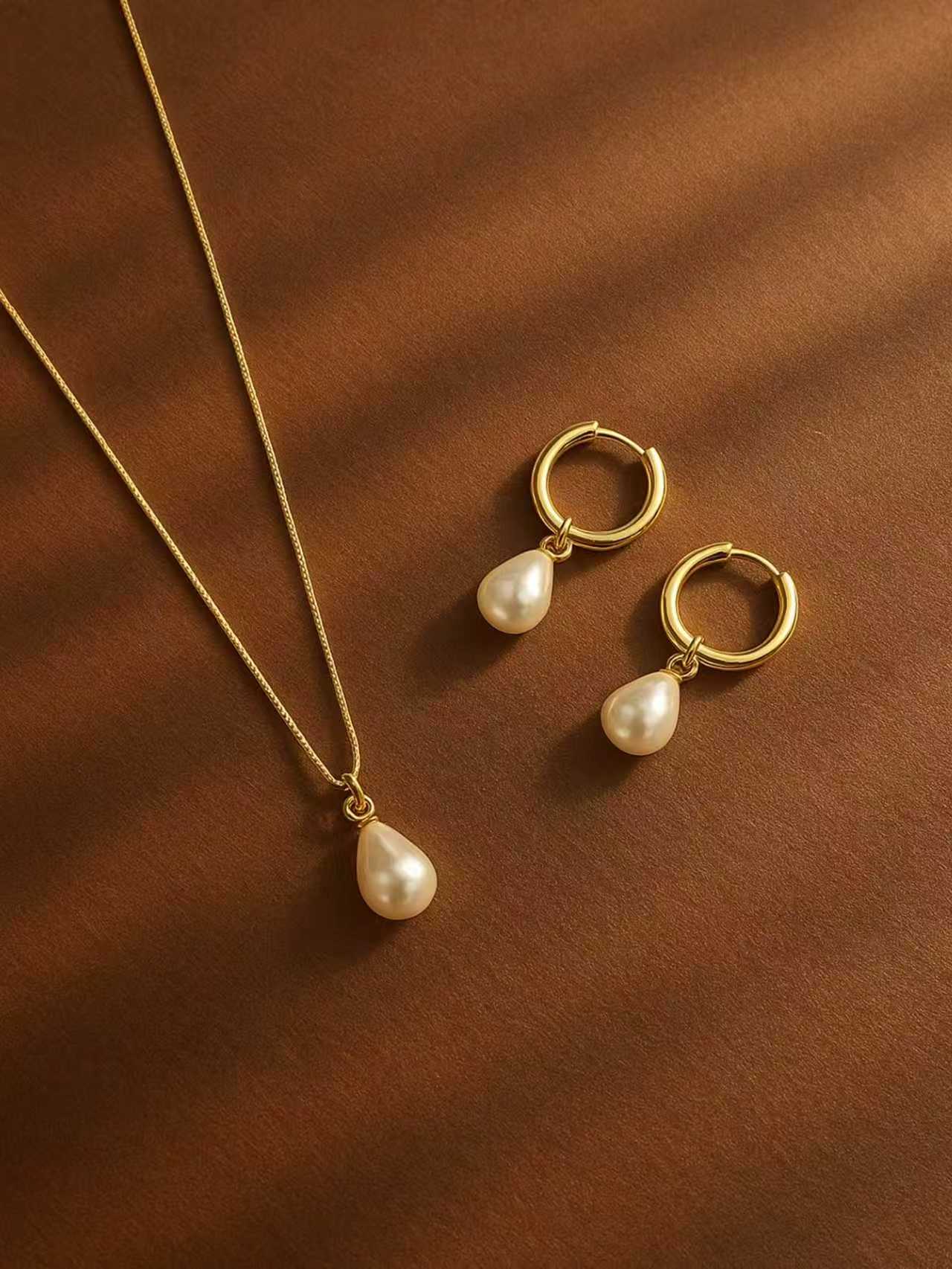 Gold Pearl Drop Hoop Earrings and Necklace Set