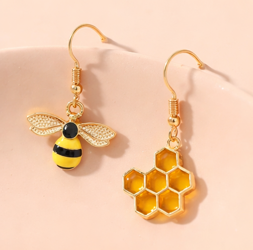 Honeybee and Honeycomb Mismatched Drop Earrings
