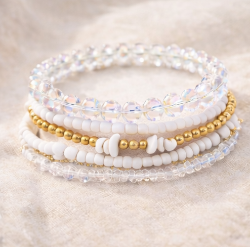 Golden Tide White Beaded Bracelet Stack