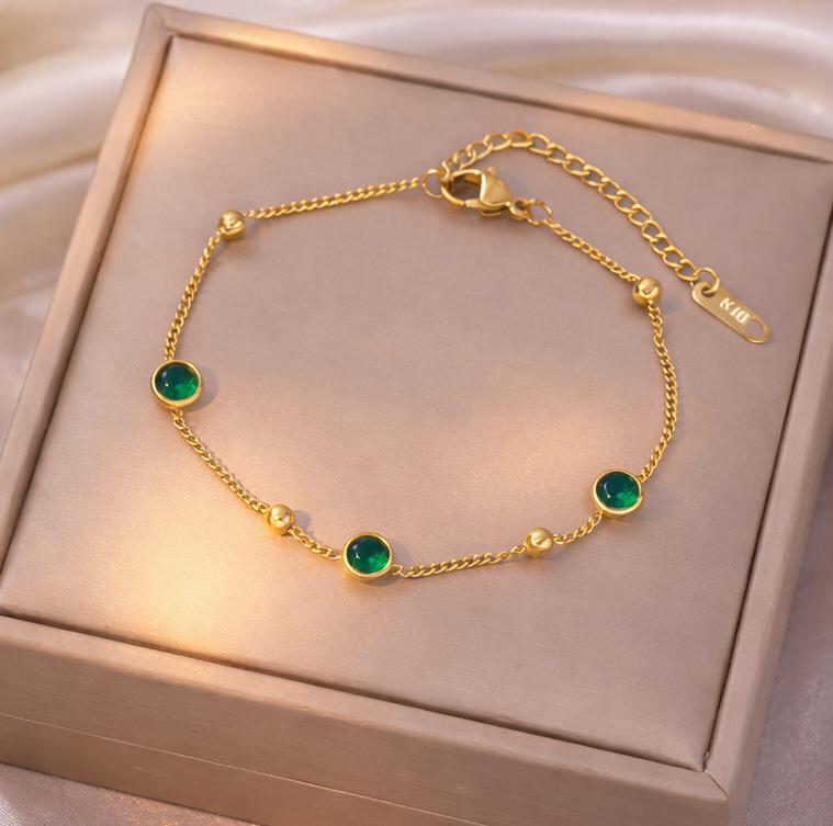 Emerald Glow Gold Chain Bracelet