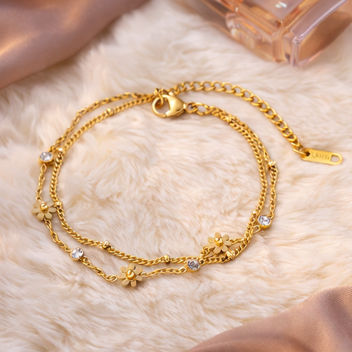 Golden Daisy Double Layer Bracelet with Crystal Accents