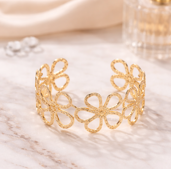 Floral Charm Waterproof Gold Plated Bangle