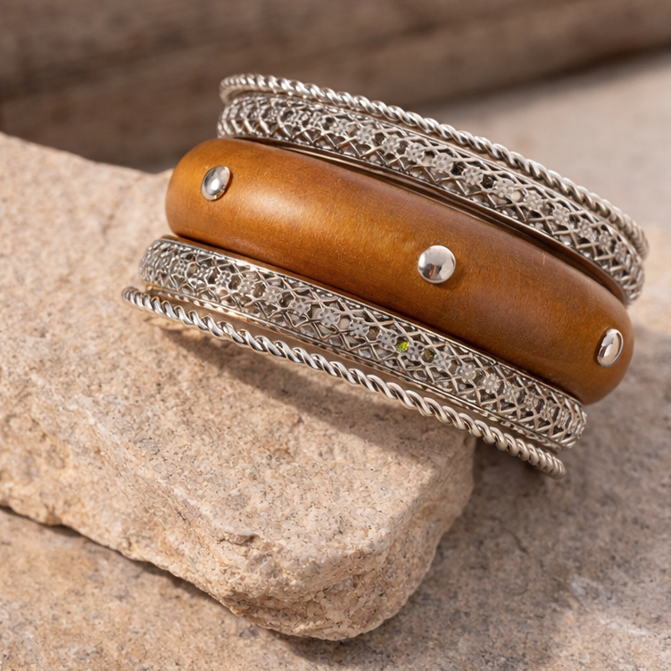 Boho Punk Wood and Silver Bangles