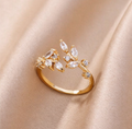 Anti-tarnish Golden Leaf Rhinestone Ring