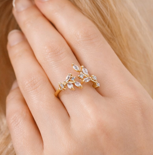 Anti-tarnish Golden Leaf Rhinestone Ring