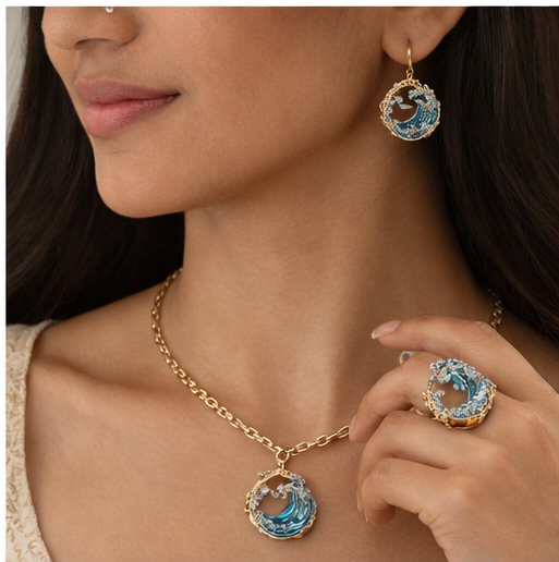 Aqua Tide Crystal Wave Necklace and Earrings Set