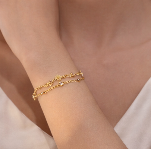 Golden Daisy Double Layer Bracelet with Crystal Accents