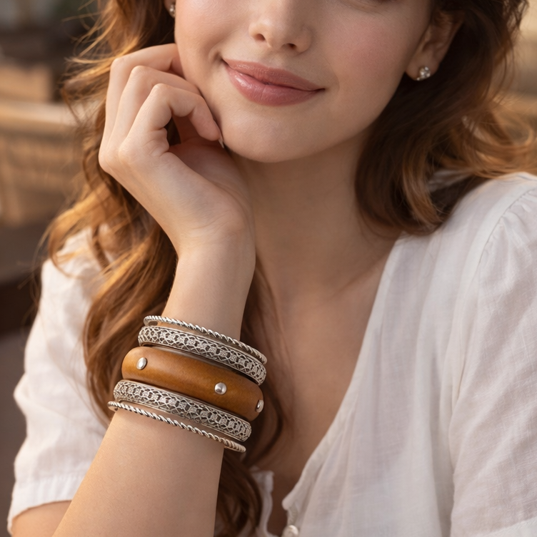 Boho Punk Wood and Silver Bangles