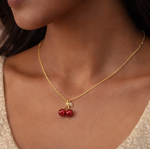 Cherry Kiss Gold Pendant Necklace
