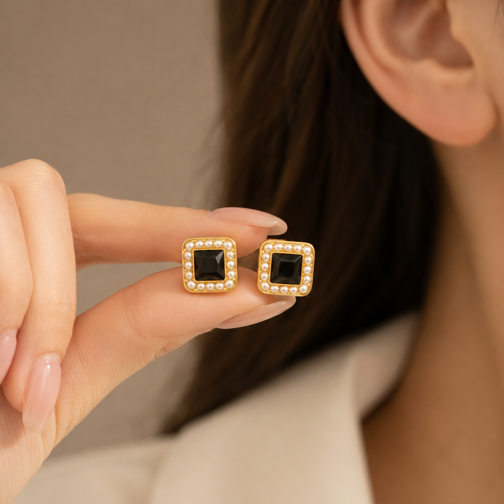 Black & Pearl Gold Stud Earrings