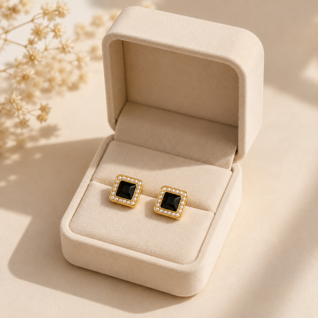 Black & Pearl Gold Stud Earrings