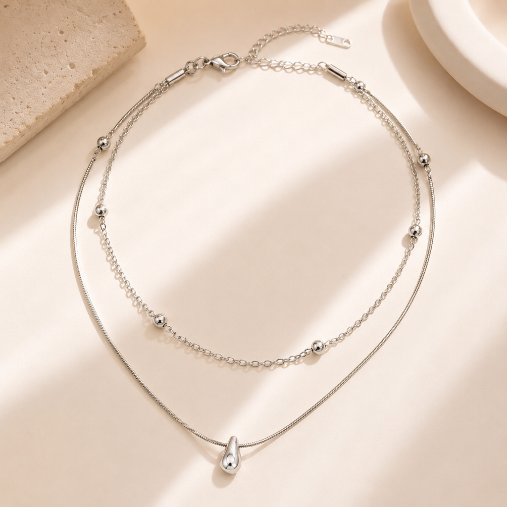 Silver Drop Duo Layer Necklace