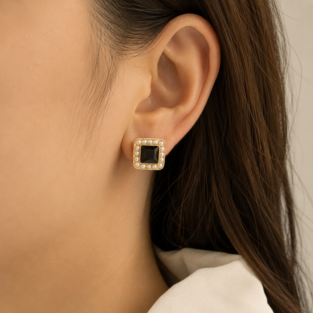 Black & Pearl Gold Stud Earrings