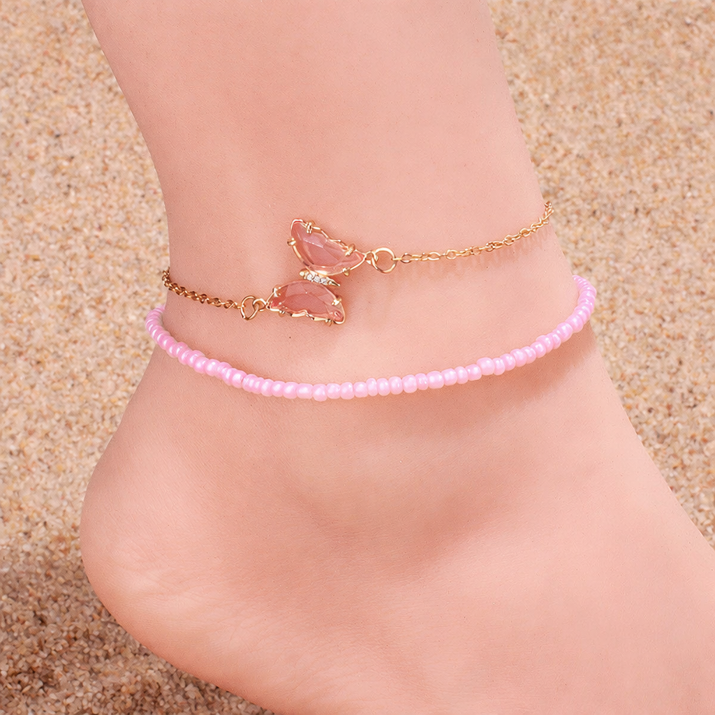 Double Layer Butterfly Beaded Anklet in Rose Gold