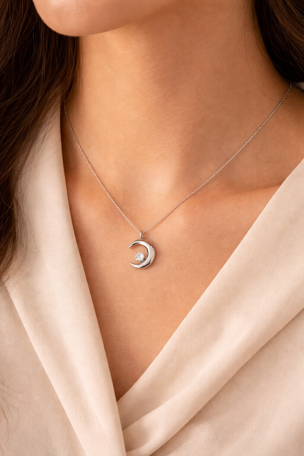 Zircon Crescent Moon Pendant Necklace