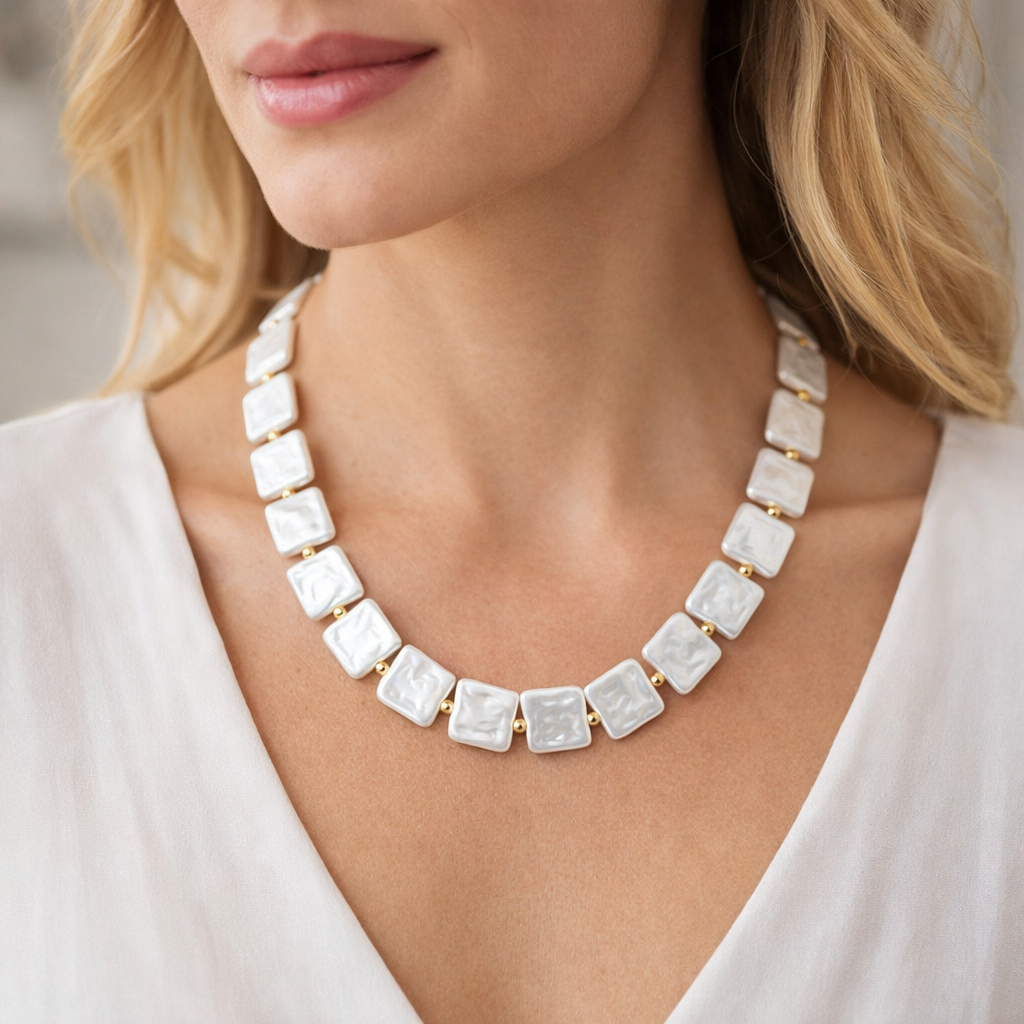 Square Baroque Pearl Necklace with Gold Tone Chain