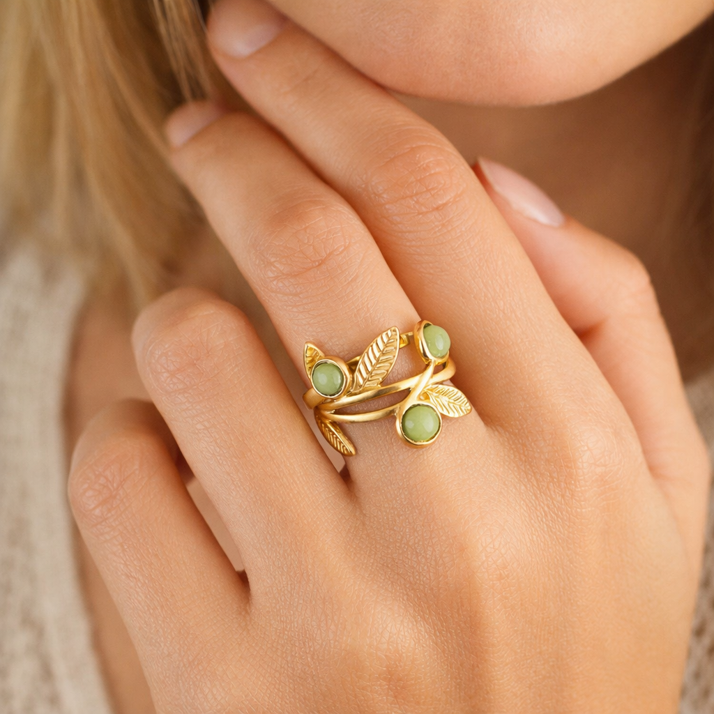 Golden Leaf Adjustable Ring with Green Stone Accents