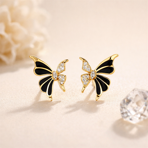 Black Enamel French Retro Butterfly Stud Earrings