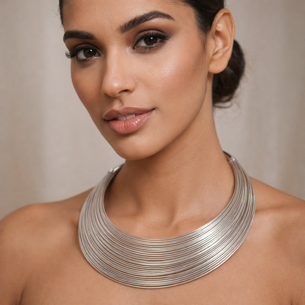 Layered Rhodium Statement Collar Necklace