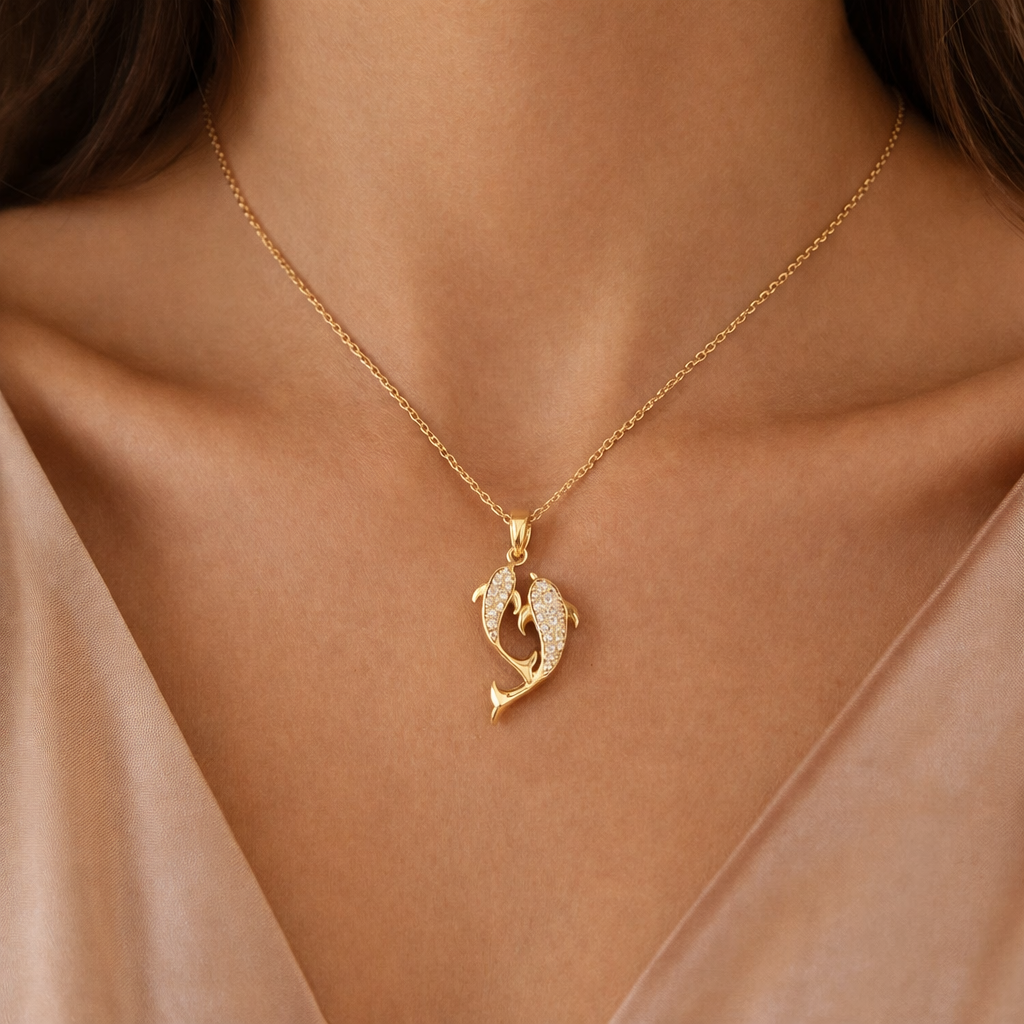 Koi Fish Gold Pendant Necklace with Crystal Detailing