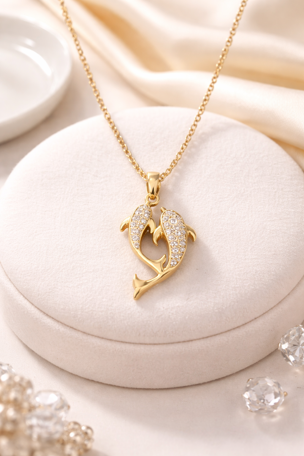 Koi Fish Gold Pendant Necklace with Crystal Detailing