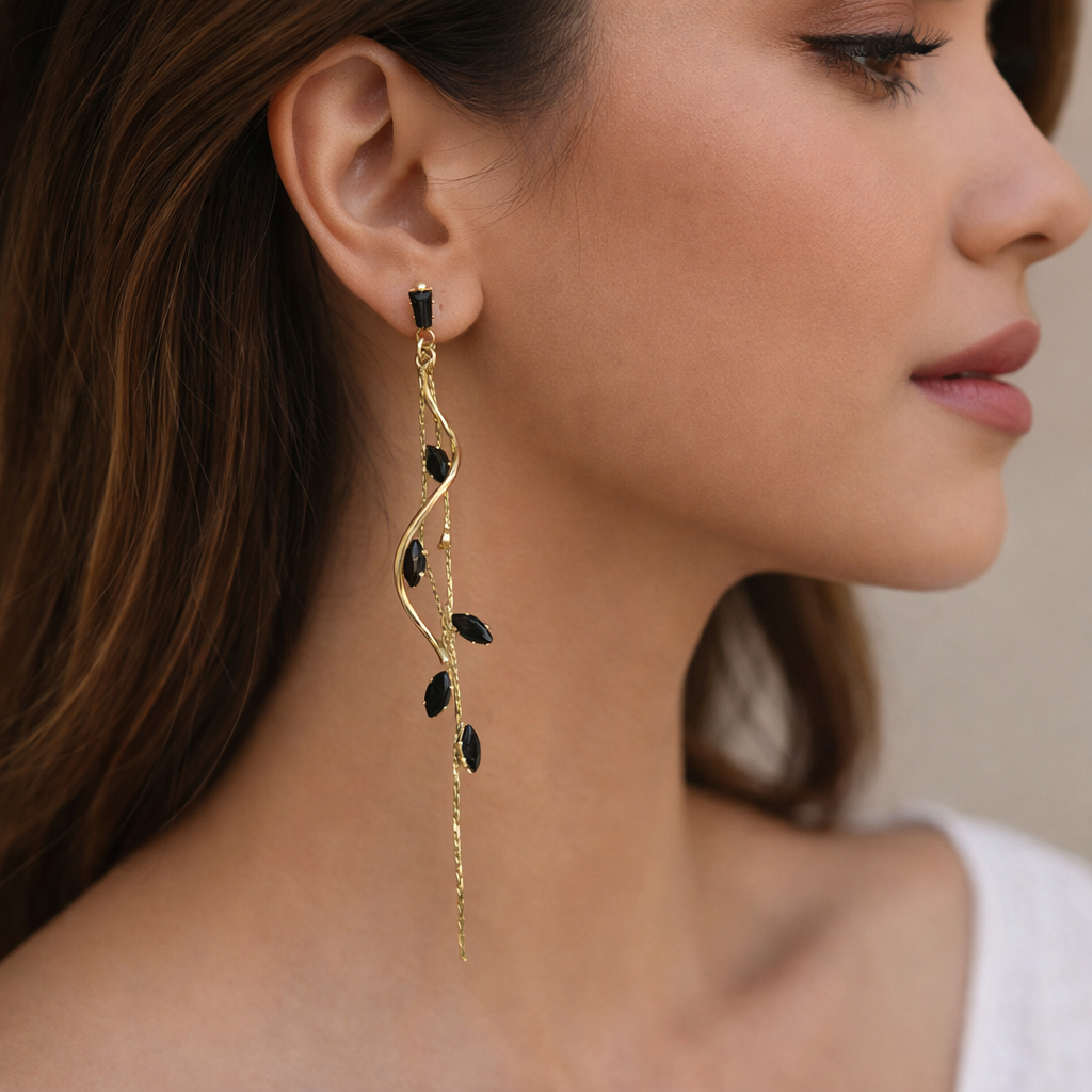 Rosé Leaf Vine Drop Earrings in Gold Plated Copper