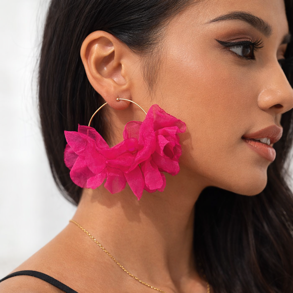 Rosy Ruffle Hoop Earrings in Hot Pink Tissue Flower
