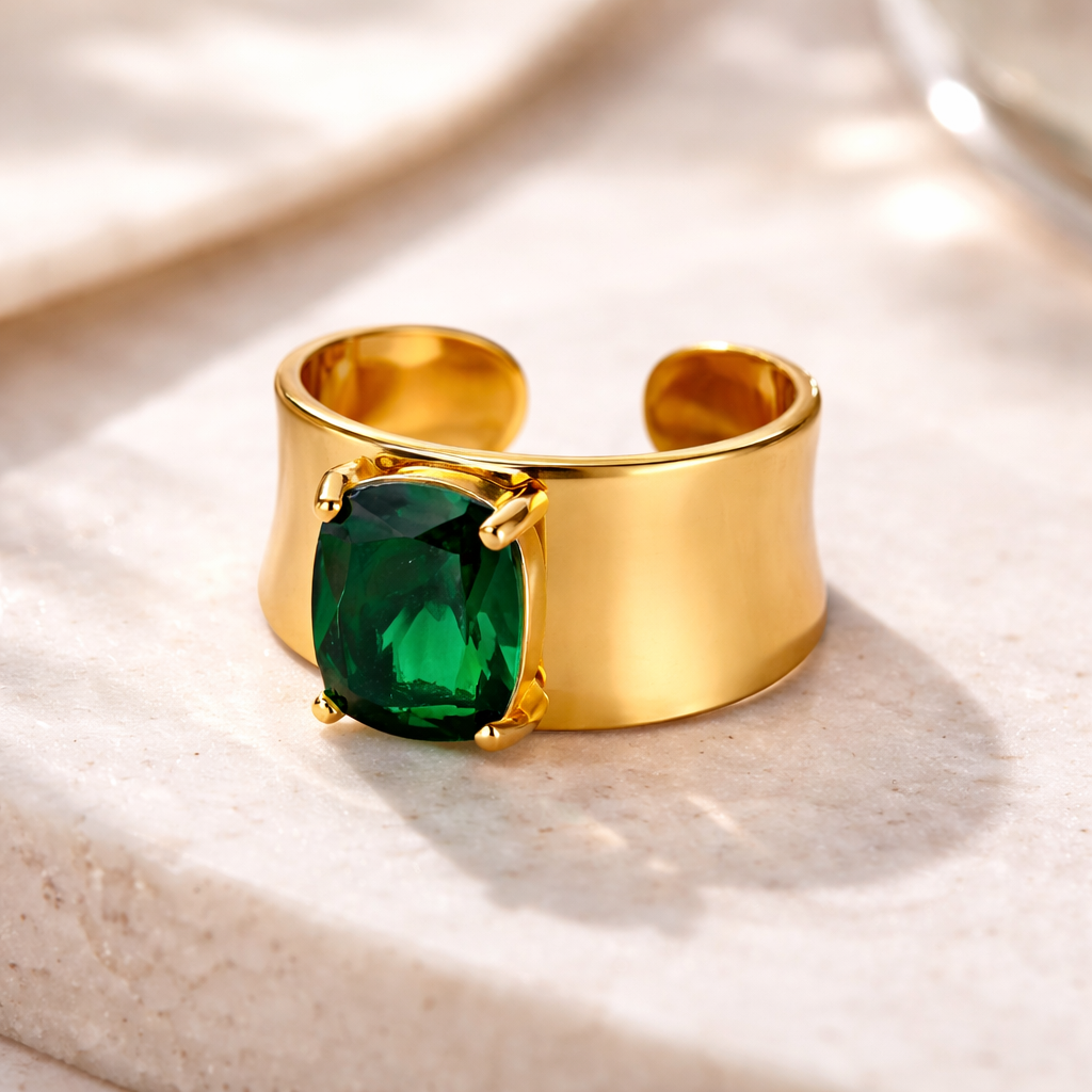 18K Gold Plated Emerald Statement Adjustable Ring