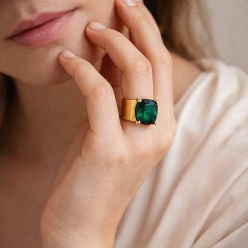 18K Gold Plated Emerald Statement Adjustable Ring