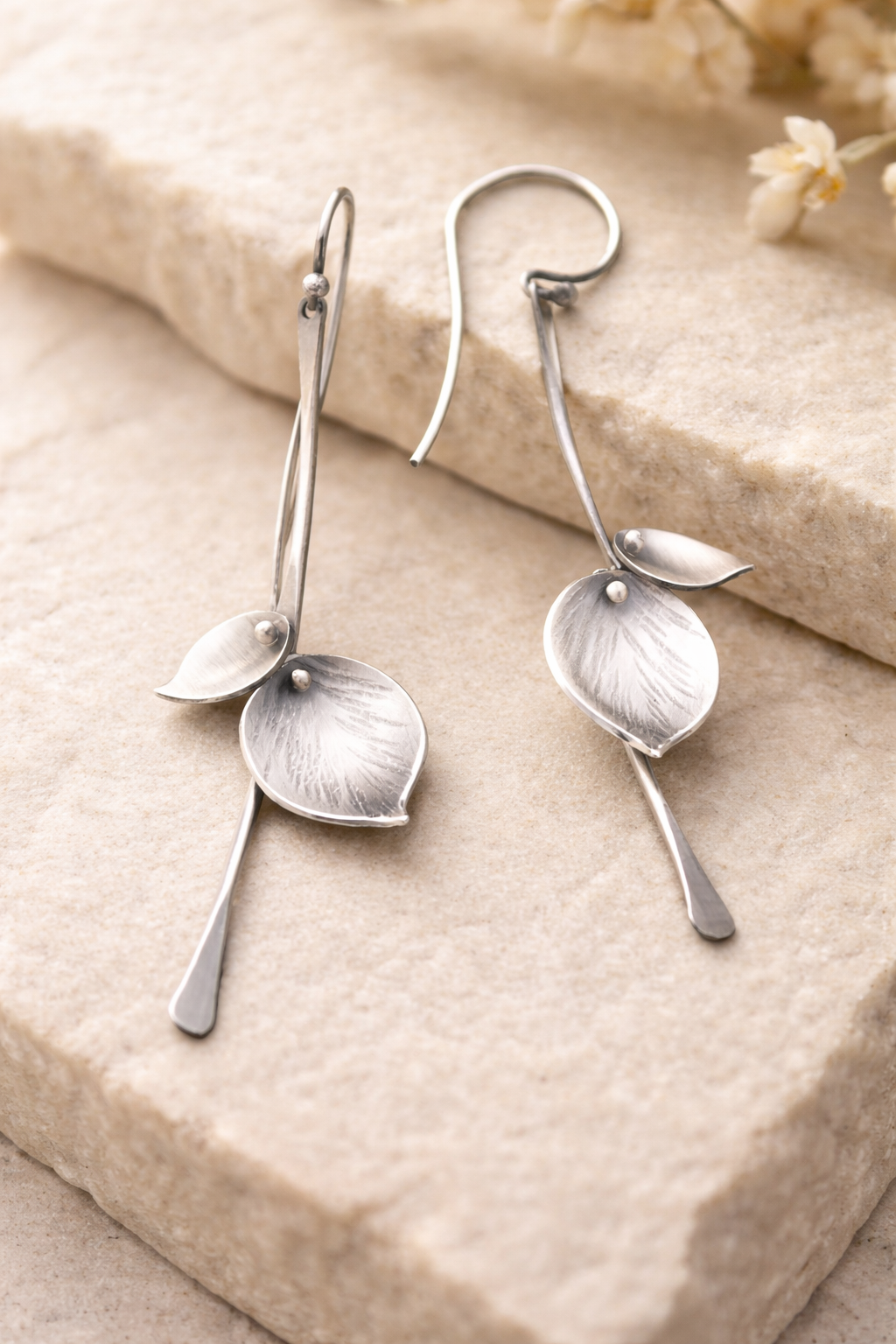Whispering Leaf Drop Earrings in Silver Tone