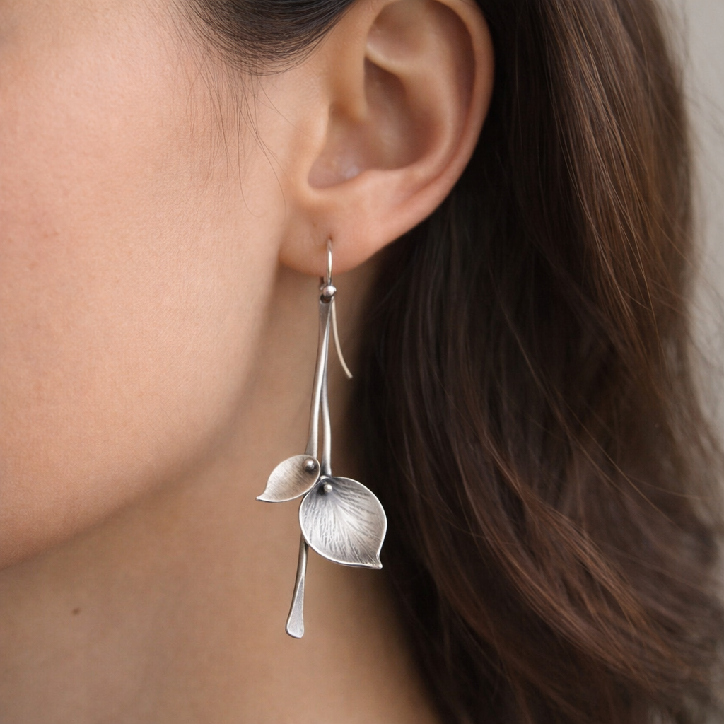 Whispering Leaf Drop Earrings in Silver Tone