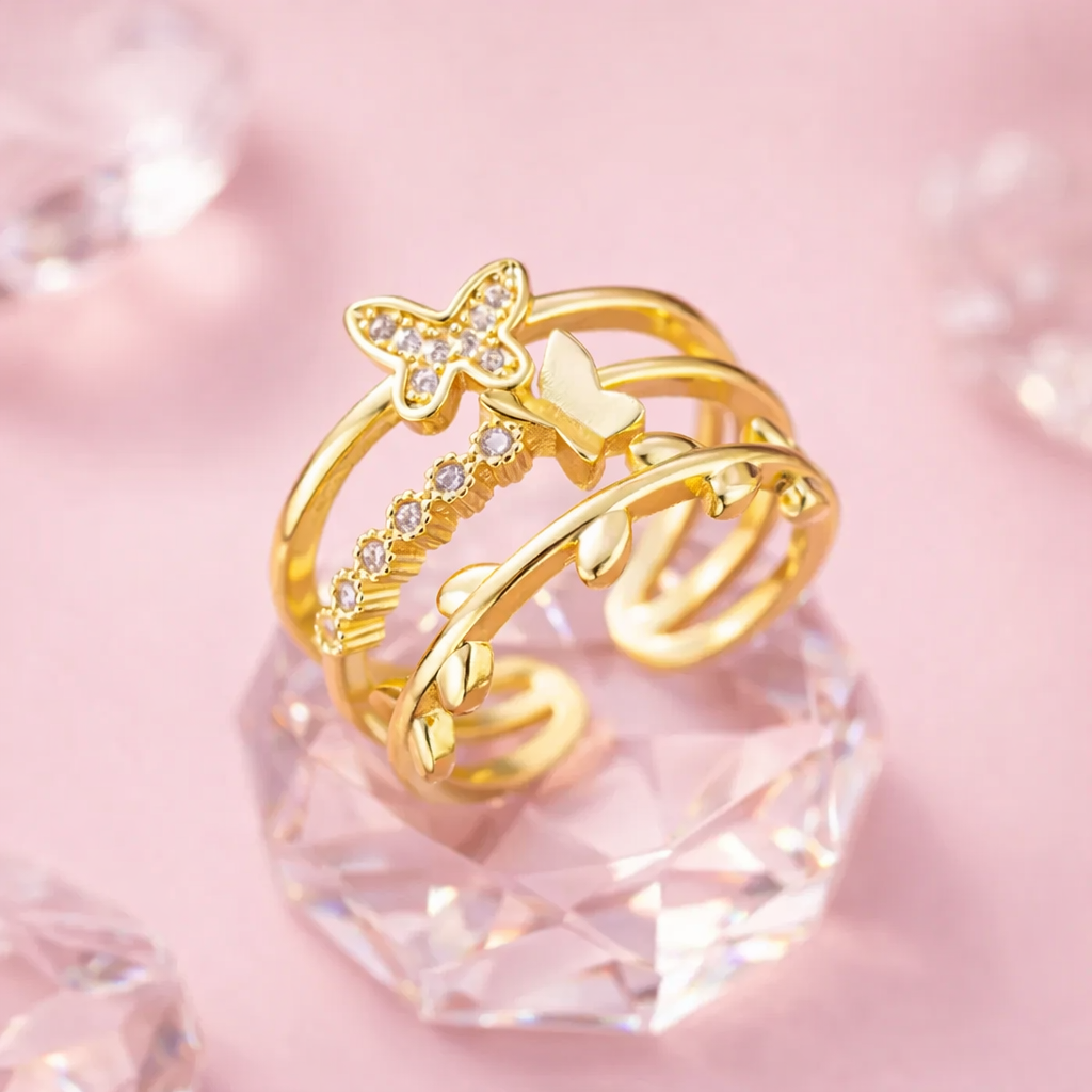Golden Flutter Butterfly Adjustable Ring with Rhinestones