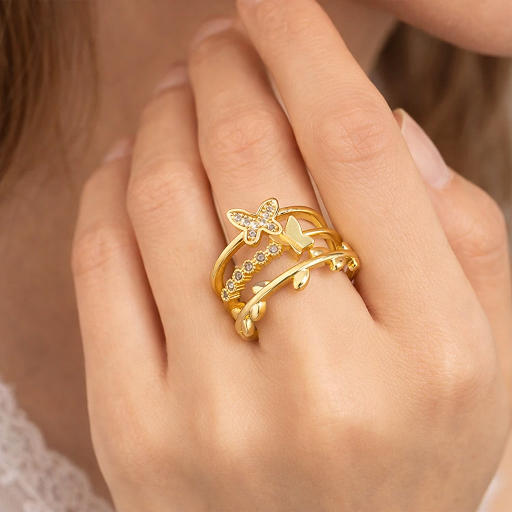Golden Flutter Butterfly Adjustable Ring with Rhinestones